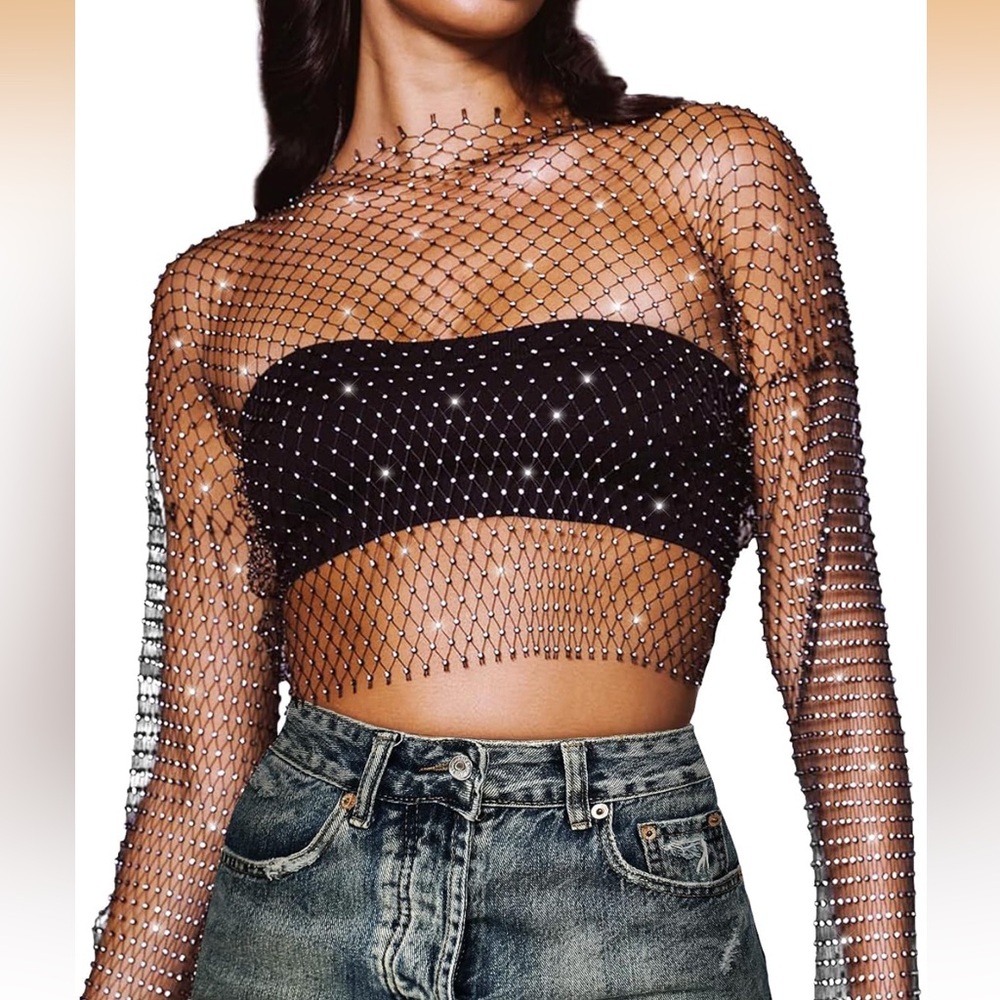 Amazon Black Crystal Net Long-Sleeve Crop Top